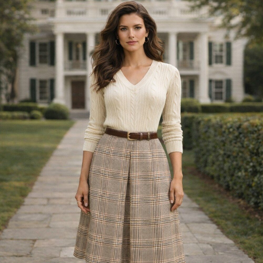 Vintage Women's Plaid A-Line Midi Skirt Neutral Check Classic Casual Style Sz 12